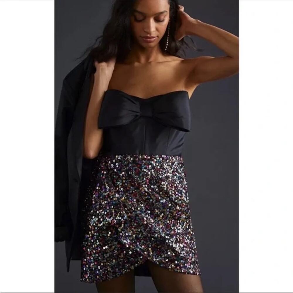 Anthropologie Atsu Sequin Bow Tie Strapless Mini Dress Size 24 24W
